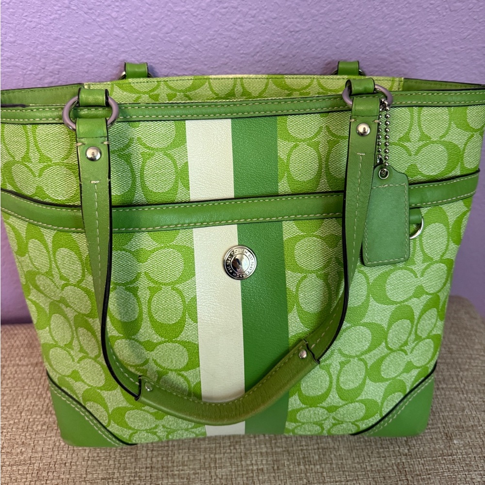 Coach Heritage Green and White Signature Tote